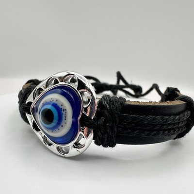 Vintage 80s Silver Tone Eye Heart Black Leather Cord Wrap Bracelet Bngle Jewelry - Thumbnail 8