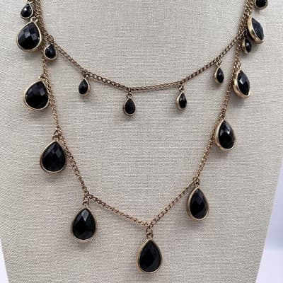 Vintage 90s Multi Layer Black Crystal Teardrop Necklace Gold Tone Jewelry Y2K - Thumbnail 2