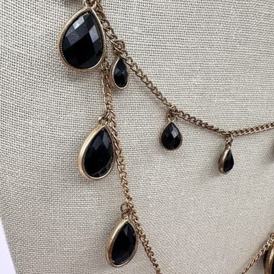 Vintage 90s Multi Layer Black Crystal Teardrop Necklace Gold Tone Jewelry Y2K - Thumbnail 4