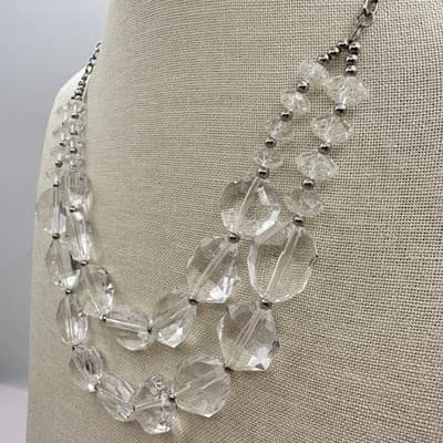 Vintage 90s Double Strand Clear Acrylic Beaded Necklace Silver Tone Jewelry Bib - Thumbnail 7