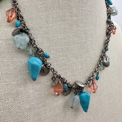 Vintage 90s Silver Tone Turquoise Glass Beaded Charm Link Chain Necklace Jewelry - Thumbnail 7
