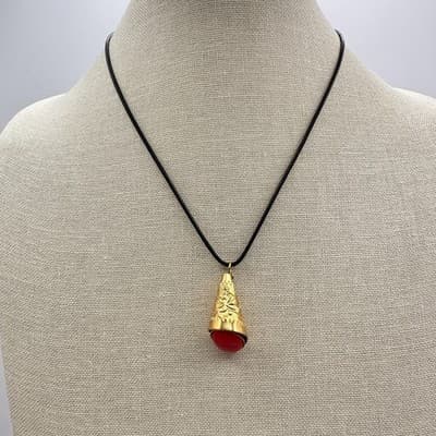 Vintage Y2K Etched Floral Cone Red Cabochon Gold Tone Necklace Women's Jewelry - Thumbnail 8