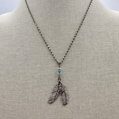 Vintage 90s Silver Tone Double Feather Pendant Necklace Turquoise Bead Jewelry - Thumbnail 2