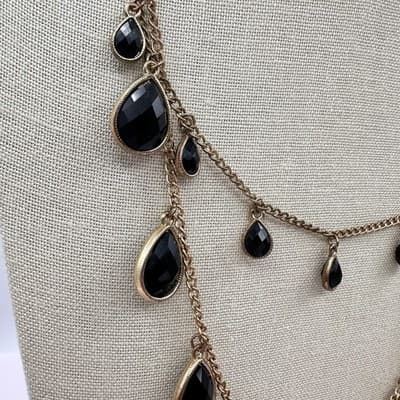 Vintage 90s Multi Layer Black Crystal Teardrop Necklace Gold Tone Jewelry Y2K - Thumbnail 3