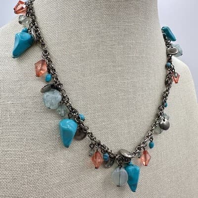 Vintage 90s Silver Tone Turquoise Glass Beaded Charm Link Chain Necklace Jewelry - Thumbnail 2