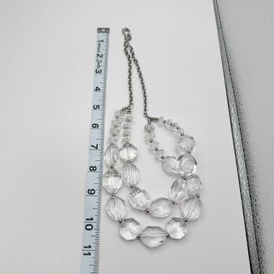 Vintage 90s Double Strand Clear Acrylic Beaded Necklace Silver Tone Jewelry Bib - Thumbnail 10