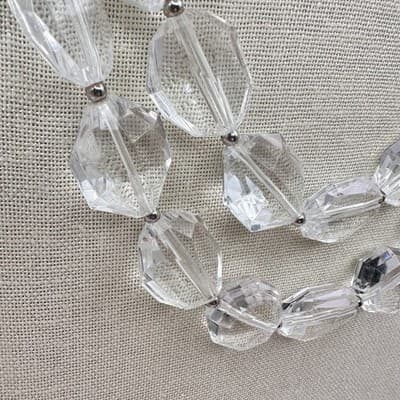 Vintage 90s Double Strand Clear Acrylic Beaded Necklace Silver Tone Jewelry Bib - Thumbnail 4
