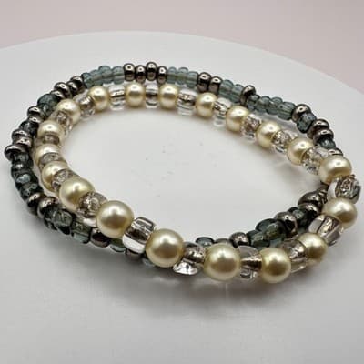 Vintage 90s Faux Pearl Beaded Stretch Bracelets Set Women's Classic Jewelry Y2K - Thumbnail 3