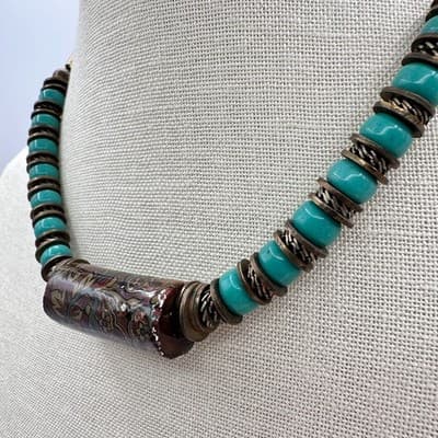 Vintage Y2K Teal Beaded Floral Paper Tube Statement Necklace Women's Jewelry 90s - Thumbnail 8
