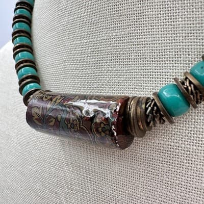 Vintage Y2K Teal Beaded Floral Paper Tube Statement Necklace Women's Jewelry 90s - Thumbnail 7