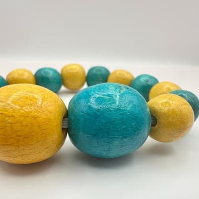 Vintage 80s Chunky Yellow Teal Wood Bead Stretch Bracelet Bangle Beach Jewelry - Thumbnail 6