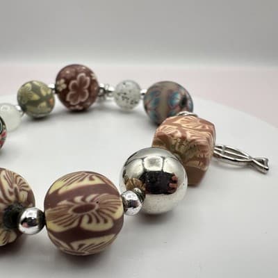 Vintage 90s Millefiori Polymer Clay Bead Silver Tone Religious Charm Bracelet - Thumbnail 4