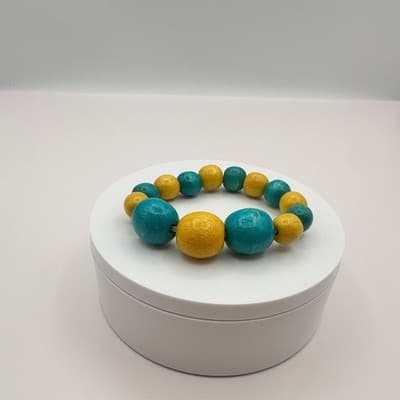 Vintage 80s Chunky Yellow Teal Wood Bead Stretch Bracelet Bangle Beach Jewelry - Thumbnail 8