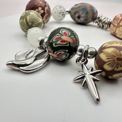 Vintage 90s Millefiori Polymer Clay Bead Silver Tone Religious Charm Bracelet - Thumbnail 3
