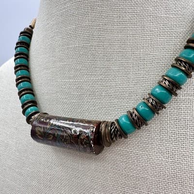 Vintage Y2K Teal Beaded Floral Paper Tube Statement Necklace Women's Jewelry 90s - Thumbnail 6