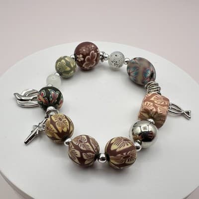 Vintage 90s Millefiori Polymer Clay Bead Silver Tone Religious Charm Bracelet - Thumbnail 6