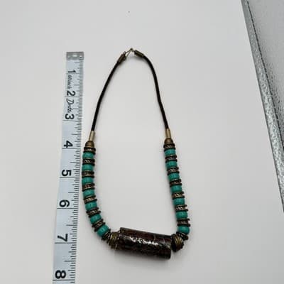 Vintage Y2K Teal Beaded Floral Paper Tube Statement Necklace Women's Jewelry 90s - Thumbnail 11