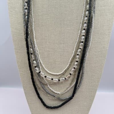 Vintage 90s Multi-Strand Beaded Layered Necklace Seed Bead Clear Glass Boho Y2K - Thumbnail 6