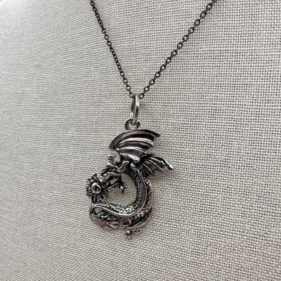 Vintage Y2K Silver Tone Chinese New Year Dragon Pendant Necklace Classic Jewelry - Thumbnail 3