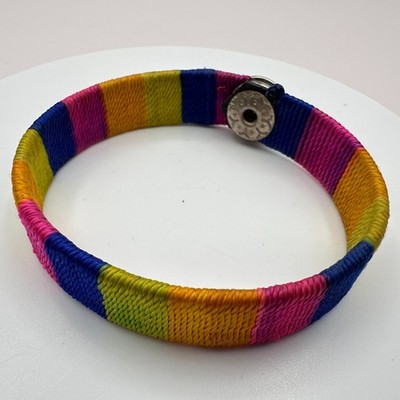 Vintage 90s Rainbow Woven Thread Bangle Bracelet Boho Flower Button Jewelry Y2K - Thumbnail 4