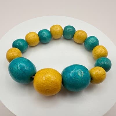 Vintage 80s Chunky Yellow Teal Wood Bead Stretch Bracelet Bangle Beach Jewelry - Thumbnail 4