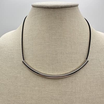 Vintage Y2K Silver Tone Curved Tube Bar Black Cord Necklace Women's Jewelry Boho - Thumbnail 8