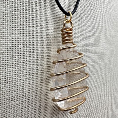 Vintage Y2K Clear Glass Teardrop Gold Tone Wire Wrapped Pendant Necklace Jewelry - Thumbnail 4