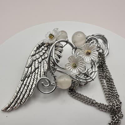 Vintage Y2K Silver Tone Angel Wing Non Piercing Ear Cuff Dangle Chain Jewelry - Thumbnail 6