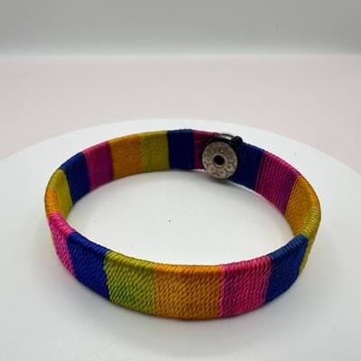 Vintage 90s Rainbow Woven Thread Bangle Bracelet Boho Flower Button Jewelry Y2K - Thumbnail 3