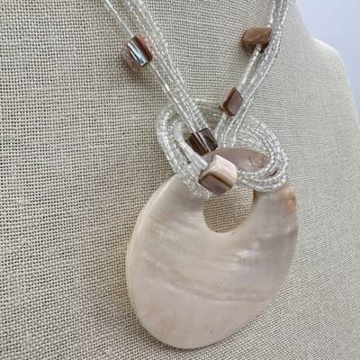 Vintage Y2K Multi-strand Beads Pearl Shell Pendant Necklace Silver Tone Jewelry - Thumbnail 3