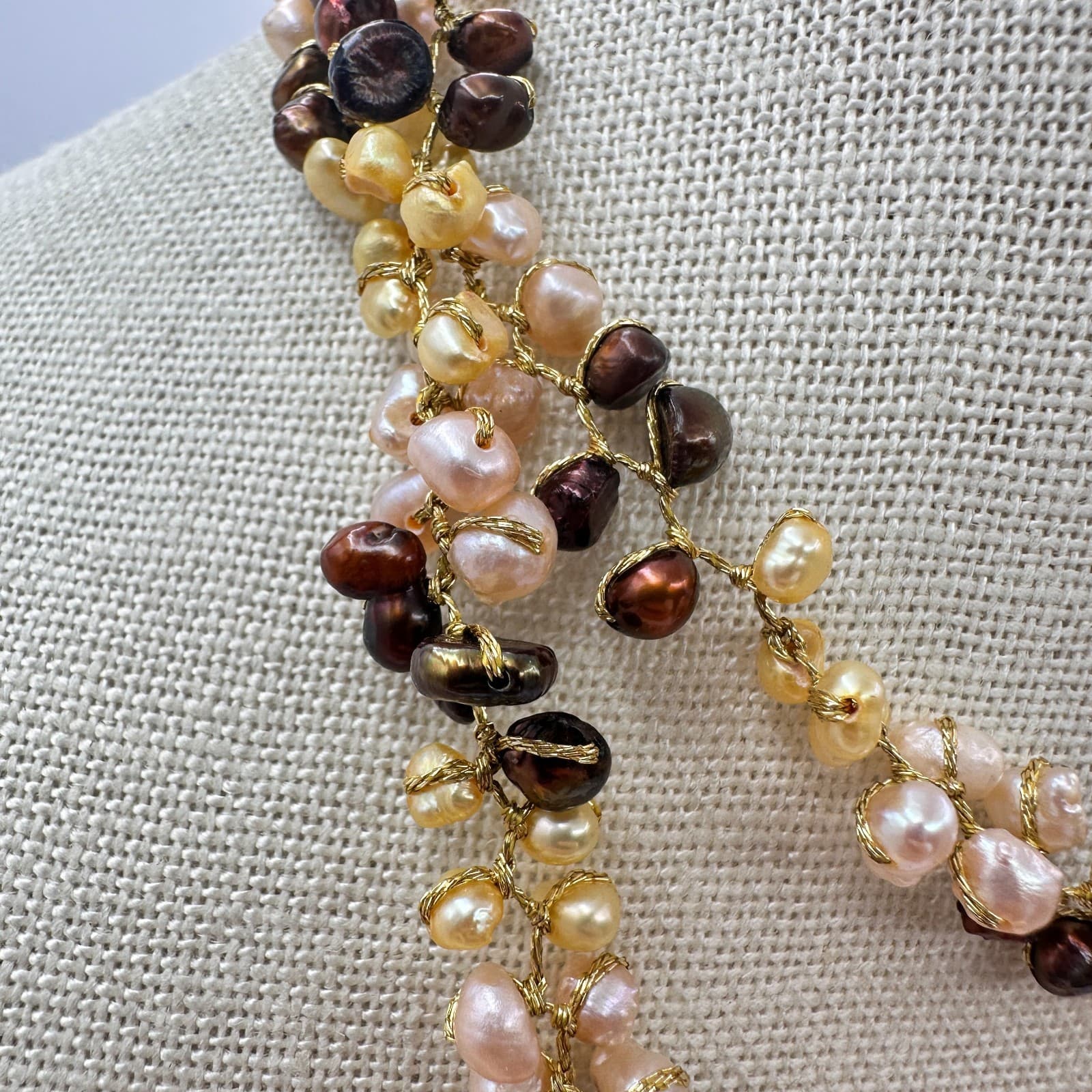 Vintage 90s Multi strand Wire Wrap Pearl Necklace Gold Tone Women's Jewelry Boho - Thumbnail 4