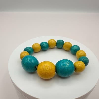 Vintage 80s Chunky Yellow Teal Wood Bead Stretch Bracelet Bangle Beach Jewelry - Thumbnail 2