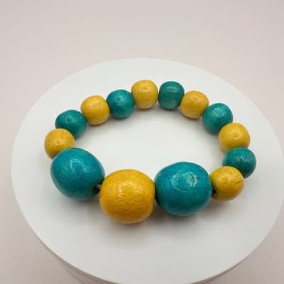 Vintage 80s Chunky Yellow Teal Wood Bead Stretch Bracelet Bangle Beach Jewelry - Thumbnail 3