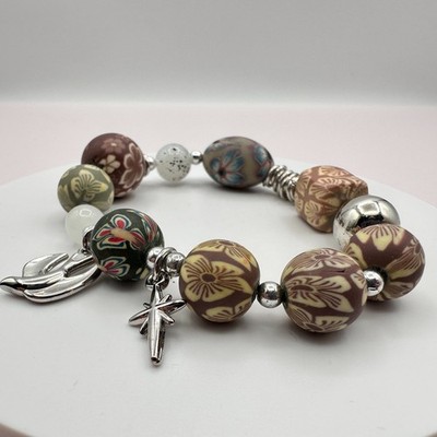 Vintage 90s Millefiori Polymer Clay Bead Silver Tone Religious Charm Bracelet - Thumbnail 2