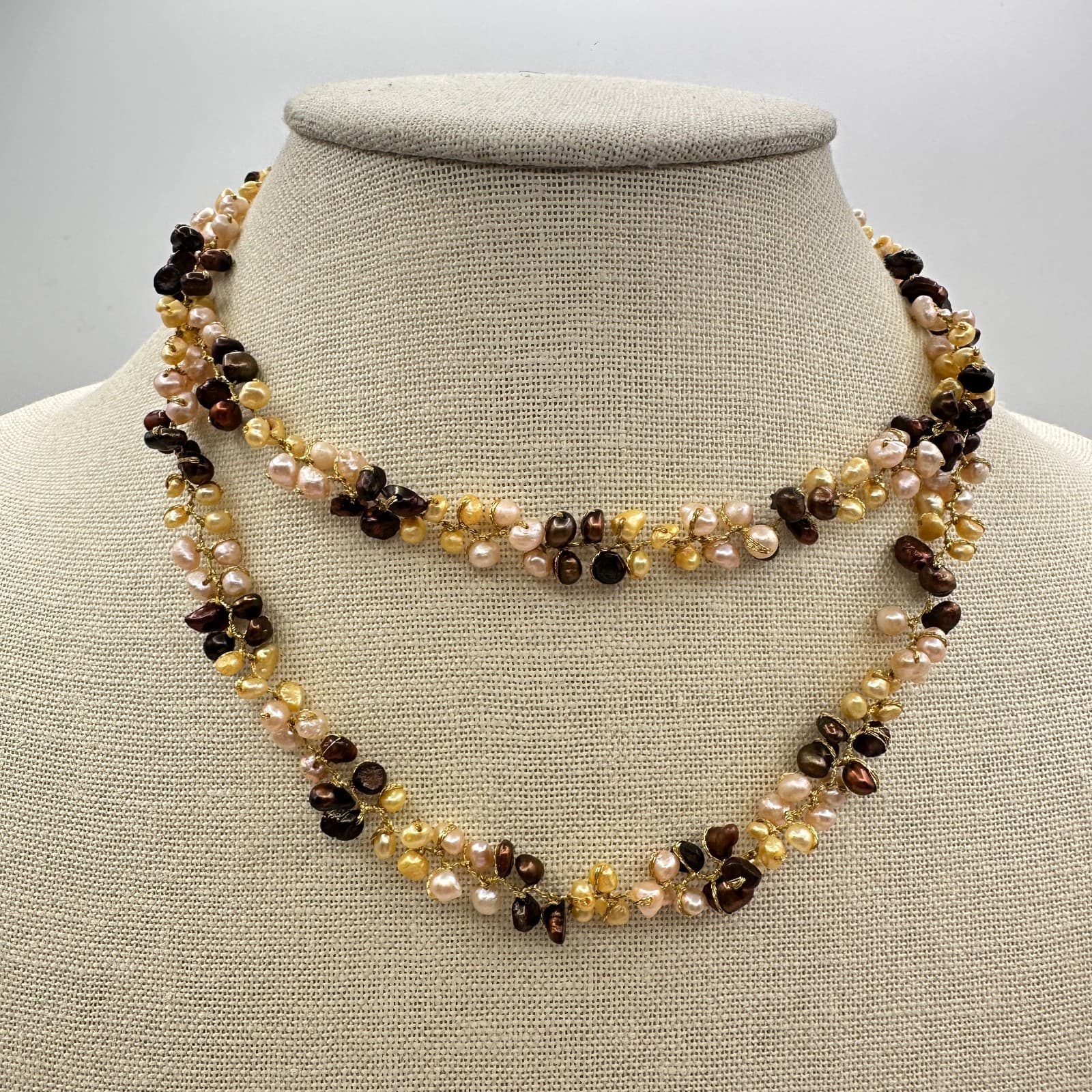 Vintage 90s Multi strand Wire Wrap Pearl Necklace Gold Tone Women's Jewelry Boho - Thumbnail 5