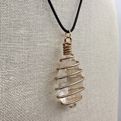 Vintage Y2K Clear Glass Teardrop Gold Tone Wire Wrapped Pendant Necklace Jewelry - Thumbnail 5