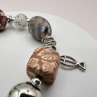 Vintage 90s Millefiori Polymer Clay Bead Silver Tone Religious Charm Bracelet - Thumbnail 5