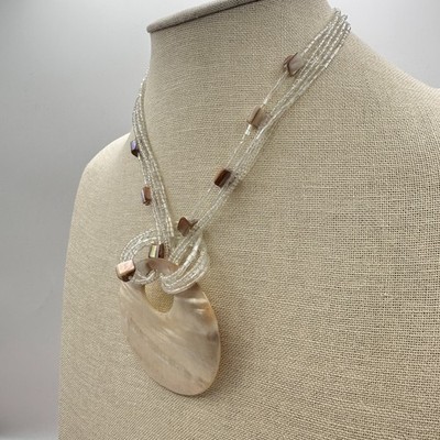 Vintage Y2K Multi-strand Beads Pearl Shell Pendant Necklace Silver Tone Jewelry - Thumbnail 7