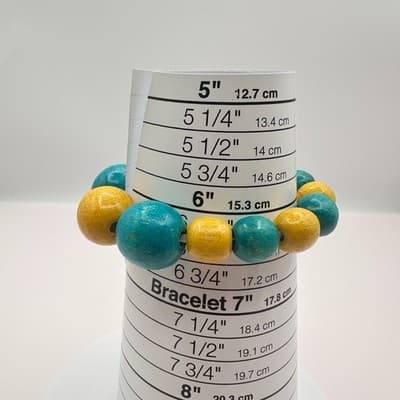 Vintage 80s Chunky Yellow Teal Wood Bead Stretch Bracelet Bangle Beach Jewelry - Thumbnail 9