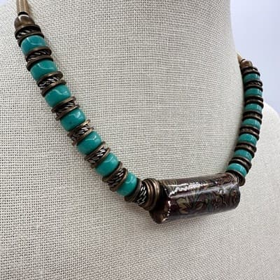 Vintage Y2K Teal Beaded Floral Paper Tube Statement Necklace Women's Jewelry 90s - Thumbnail 3