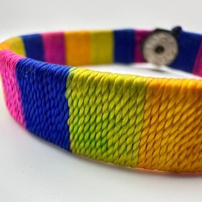 Vintage 90s Rainbow Woven Thread Bangle Bracelet Boho Flower Button Jewelry Y2K - Thumbnail 5
