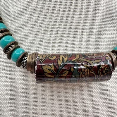 Vintage Y2K Teal Beaded Floral Paper Tube Statement Necklace Women's Jewelry 90s - Thumbnail 5