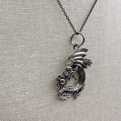 Vintage Y2K Silver Tone Chinese New Year Dragon Pendant Necklace Classic Jewelry - Thumbnail 6
