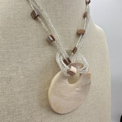 Vintage Y2K Multi-strand Beads Pearl Shell Pendant Necklace Silver Tone Jewelry - Thumbnail 5