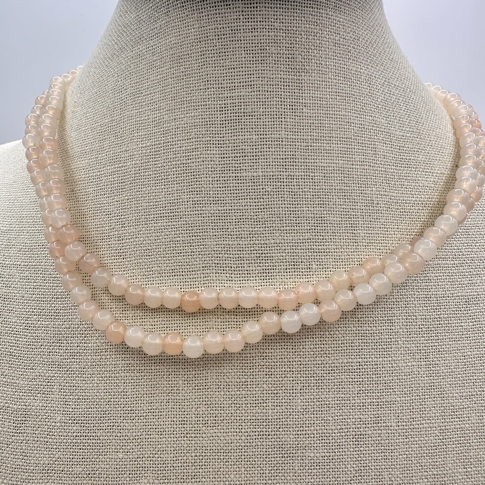 Vintage 80s Double Strand Peach Moonstone Beaded Necklace Women's Jewelry Boho - Thumbnail 3