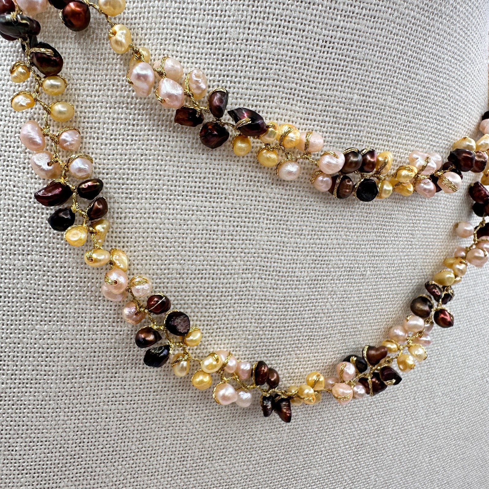 Vintage 90s Multi strand Wire Wrap Pearl Necklace Gold Tone Women's Jewelry Boho - Thumbnail 3