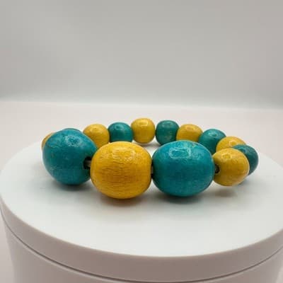 Vintage 80s Chunky Yellow Teal Wood Bead Stretch Bracelet Bangle Beach Jewelry - Thumbnail 7