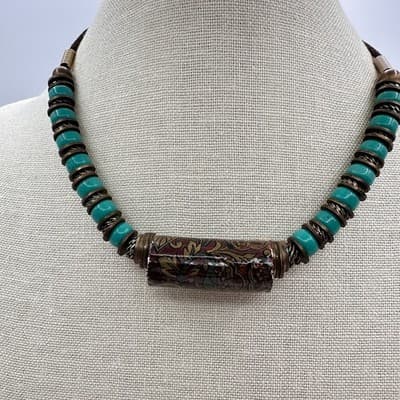Vintage Y2K Teal Beaded Floral Paper Tube Statement Necklace Women's Jewelry 90s - Thumbnail 9