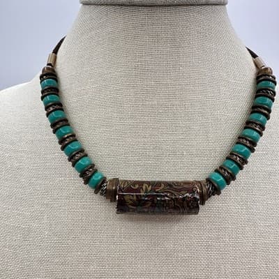 Vintage Y2K Teal Beaded Floral Paper Tube Statement Necklace Women's Jewelry 90s - Thumbnail 2
