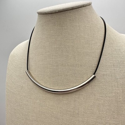 Vintage Y2K Silver Tone Curved Tube Bar Black Cord Necklace Women's Jewelry Boho - Thumbnail 7